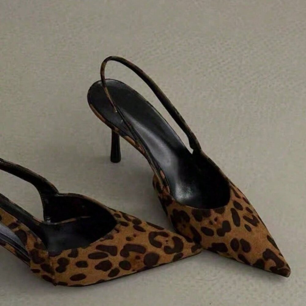Brown Preppy Women's Pointed Toe Slingback High Heel Sandals - Picture 4 of 5